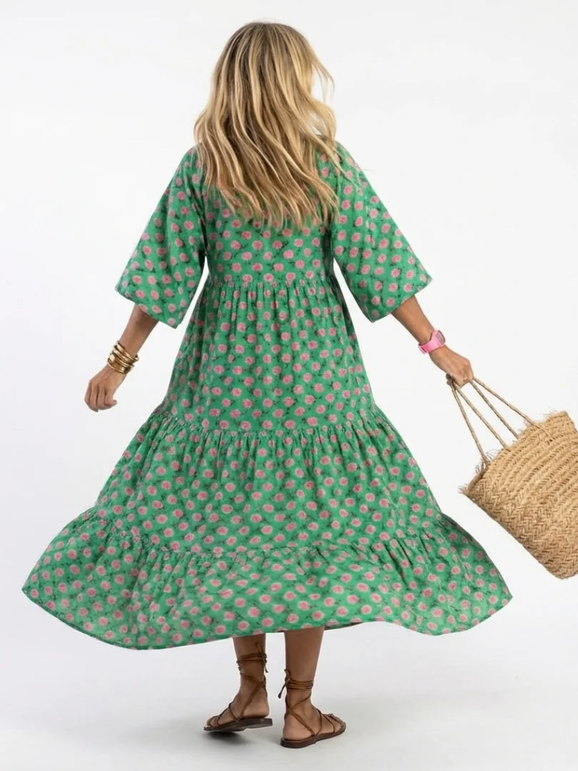 Fiora I Vestido Midl Con Escalones Y Cuello En V Con Estampado Floral