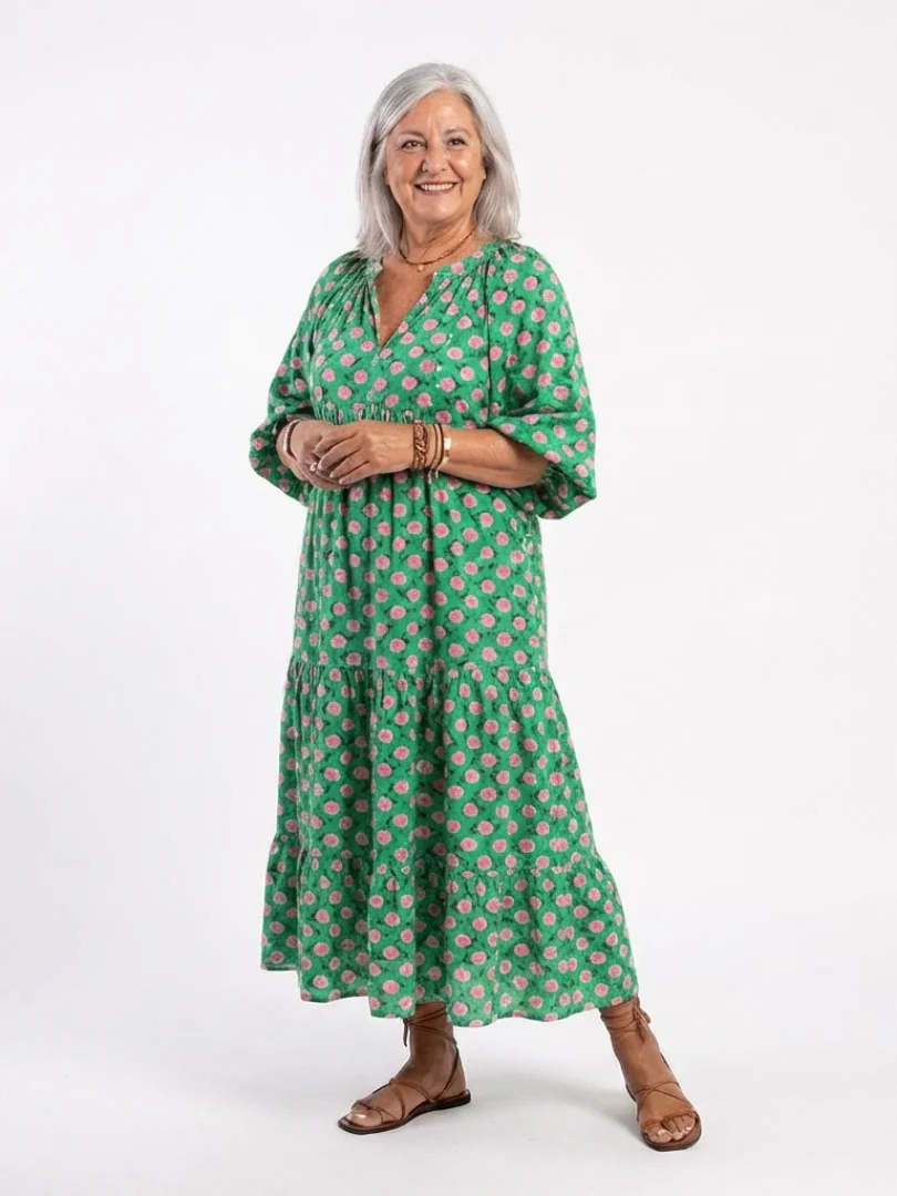 Fiora I Vestido Midl Con Escalones Y Cuello En V Con Estampado Floral