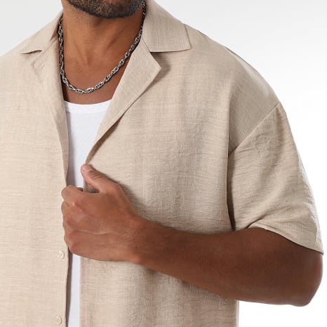 Conjunto Camisa Manga Corta Y Pantalón Efecto Lino Ancho 1872 Beige