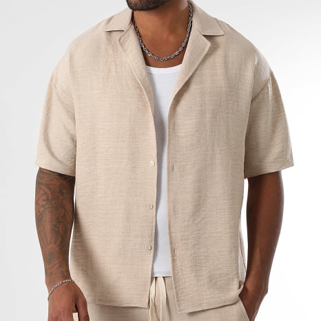 Conjunto Camisa Manga Corta Y Pantalón Efecto Lino Ancho 1872 Beige