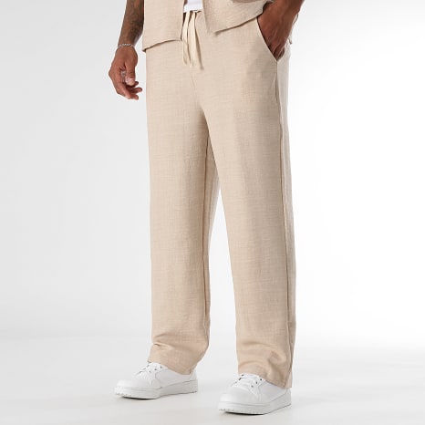 Conjunto Camisa Manga Corta Y Pantalón Efecto Lino Ancho 1872 Beige