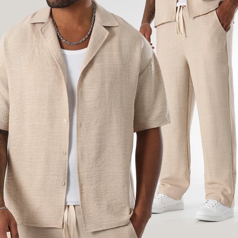 Conjunto Camisa Manga Corta Y Pantalón Efecto Lino Ancho 1872 Beige