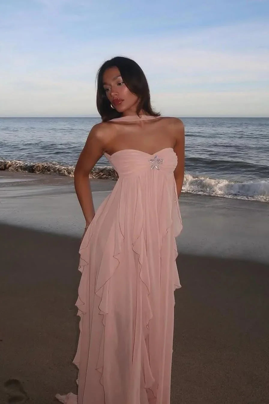 Vestido largo rosa con volantes para mujer